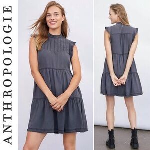 Anthropologie Dark Gray Jenee Tiered Tunic Dress L Large Summer Swing Pockets
